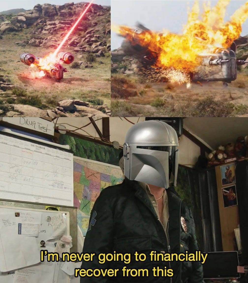 This meme is a humorous take on a character's death in the Star Wars universe. The image depicts a character (likely a Mandalorian) saying "I've got a bad feeling about this" as they prepare to jump into a fiery explosion, followed by the phrase "I'm never going to survive this" and then "I'm never going to survive this" with a caption "I've got a bad feeling about this" being replaced with "I'm never going to survive this".